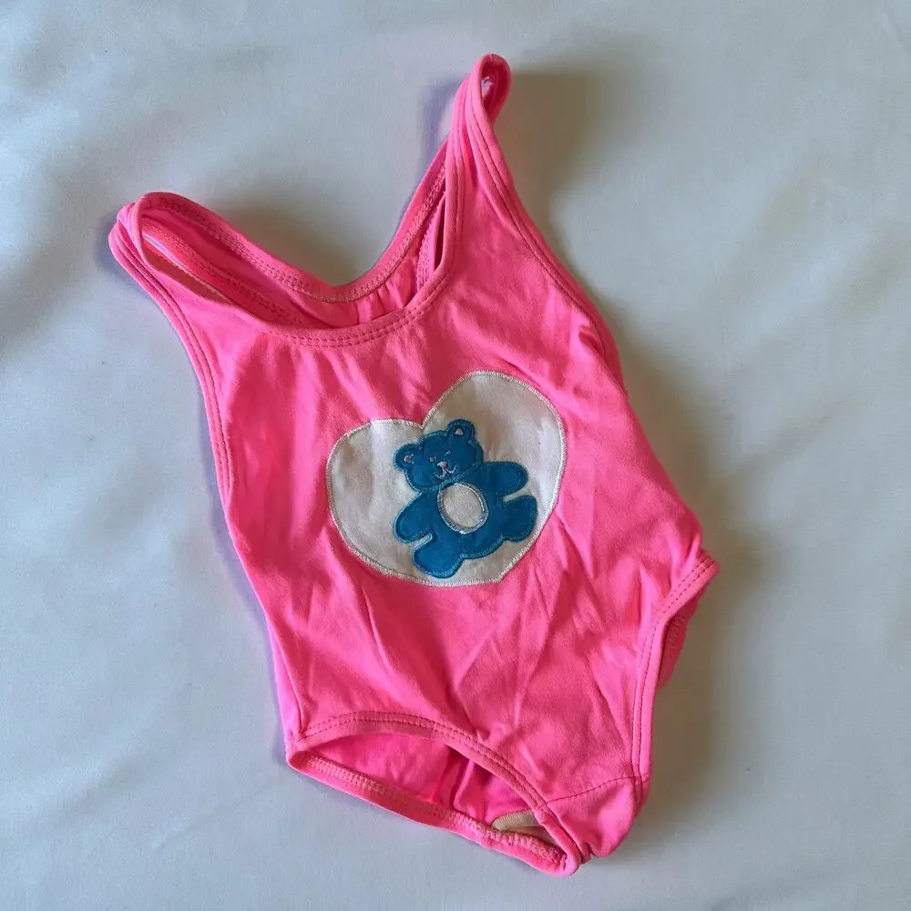 Vintage Pink Bear Heart One Piece Swimsuit Sz 18 mo